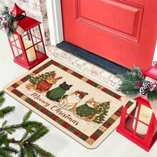 1pc Meowy Christmas Welcome Mat, Crystal Velvet Material, Four Cute Christmas Decorated Cats With Christmas Tree Ball Design, Suitable For Holiday Decoration, Home Decor - A - View 2