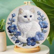 2D Flat Punch Needle Embroidery Kit For Beginners - Complete Embroidery Starter Set Including Tools And Instructions, DIY Punch Needle Embroidery Kit, Cute White Cat, Cute Cartoon Cat Embroidery Needle Beginner Handmade Kit Easy To Make Adult Holiday Gift And Decoration, Bamboo Frame Random Style - A - View 11