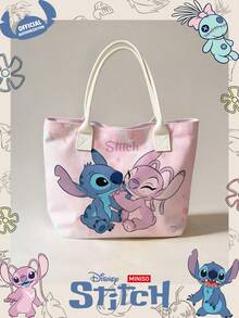 Miniso Disney Stitch & Angel 粉色紮染帆布托特包，休閒手提肩背包，適合日常使用 - 白色 - 查看 7