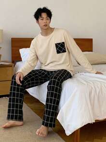 DAZY [AICJ Sleepwear] 2件套男士休閒寬鬆圓領長袖上衣與格紋拼接褲家居服套裝 - 米色 - 查看 5