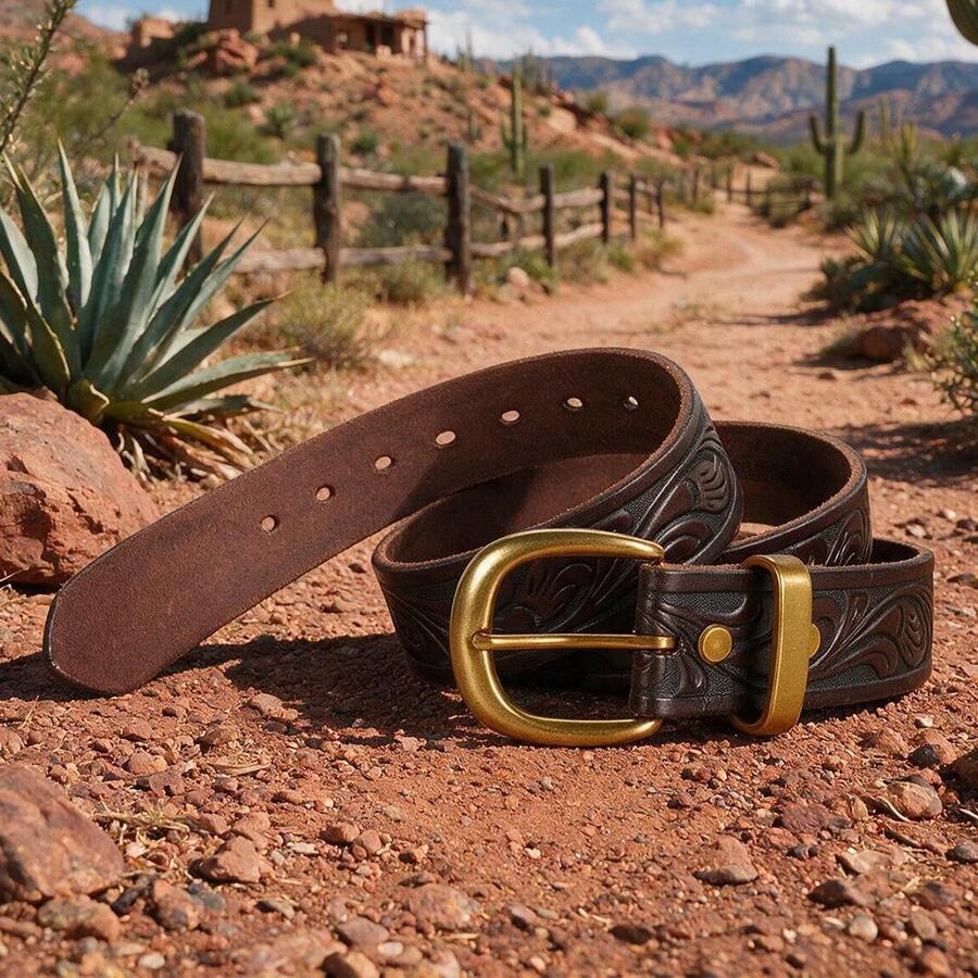 Men's Full Grain Leather Belt With Rounded Horseshoe Prong Buckle And All-Over Western Scrollwork Embossed Strap - ST055 - View 1