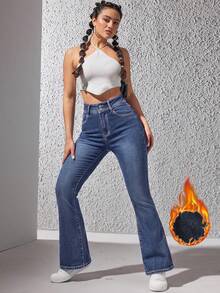 Women's Winter Casual Washed Flare Jeans, High Elasticity Long Length, Warm Lining, Suitable For Winter Wear - Teal Blue - View 6