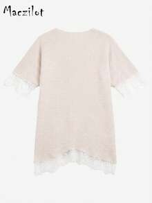 Plus Size Women Fall Winter 5/4 Sleeve Knit Midi Dress, V Neck Lace Splicing Elegant Loose Sweater Dress For Commute & Date - Baby Pink - View 6