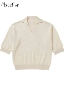 Plus Size Women Fall Winter Lapel V-Neck 3/4 Sleeve Pullover Sweater, Elegant Loose Knit Top For Commute & Datee - Beige - View 7