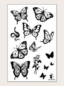 Stiker Tato Semi-Permanen Ajaib Jus Herbal, Motif Ular Mawar Kupu-kupu, Tahan Lama 14 Hari, Tidak Pudar, Tidak Memantulkan Cahaya, Stiker Tato Sementara untuk Lengan, Bahu, Leher, Tulang Selangka, Badan, 1 buah/Paket - Biru - View 11
