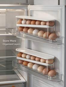 1pc Egg Storage Box, Double-Layer Sliding Egg Fresh-Keeping Box, Can Hold 12-14 Eggs, Plastic Material. Refrigerator Storage Rack, Kitchen Egg Tray, Washable, Portable, Can Be Used In Home Kitchen And Outdoor BBQ. Kitchen Accessories, Kitchen Storage, Kitchen Tools, Storage And Organization Tools, Kitchen Supplies - Multicolor - View 3