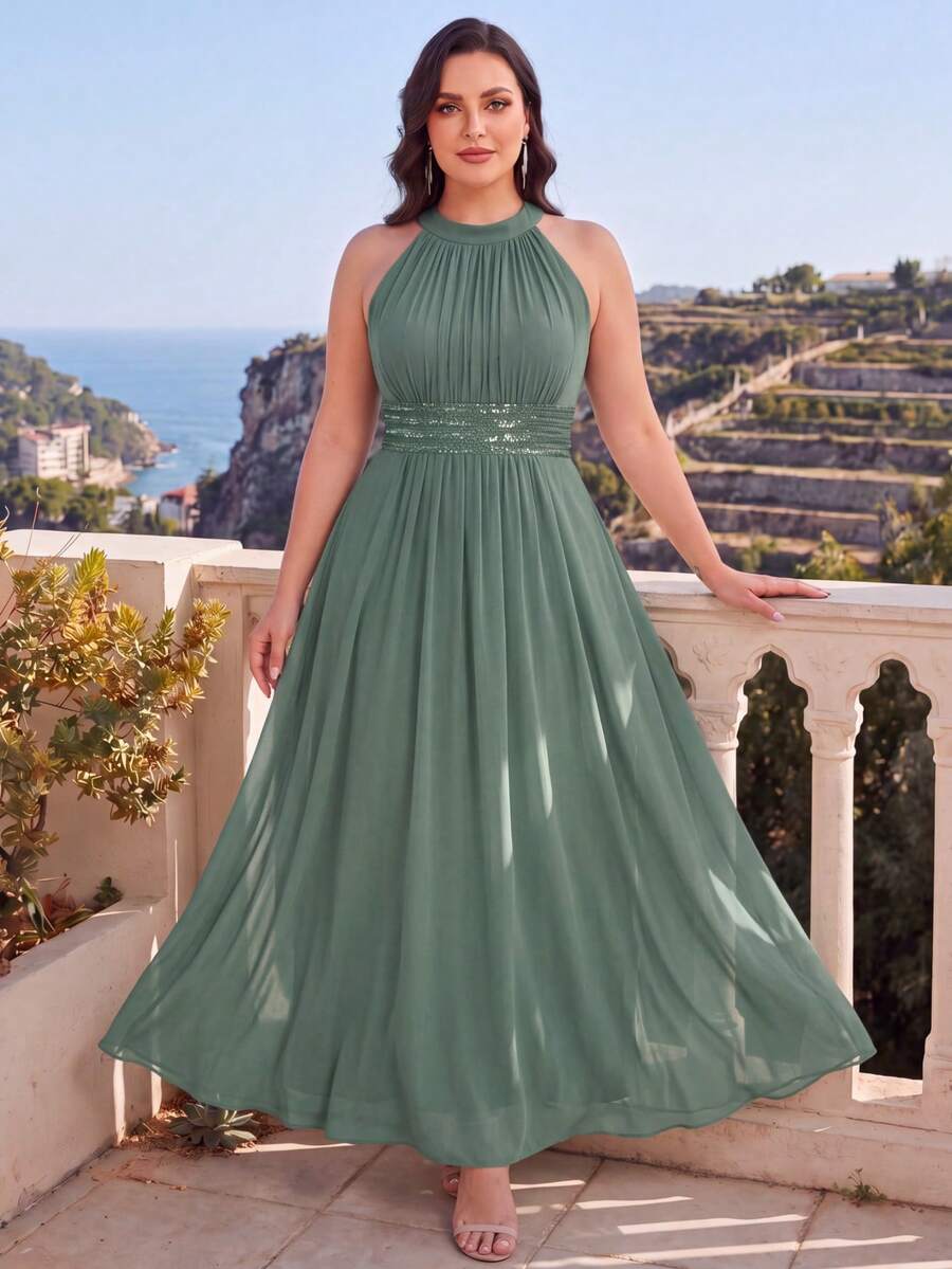 EVERPRETTY Plus Size Elegant Beaded Ruched Chiffon Halter Neck Green Bridesmaid Dress, Suitable For Evening Party, Wedding, Semi-Formal Occasion Guest Attire - Green - View 1