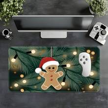 1pc Cute Gingerbread Man Large Mouse Pad, Christmas Holiday Extended Desk Mat, Dark Green Pine Branch & String Lights Gingerbread Man Keyboard Pad, Stitched Edge Soft Fabric Surface With Non-Slip Rubber Base, Laptop Desk Mat, Suitable For Home Office, Gaming, Holiday Gift - View 5