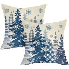 2PCS Blue Plaid Christmas Tree Pillowcase, Snowflake Winter Holiday Sofa And Bedroom Home Decor Cushion Cover, Fall And Winter Home Decoration, Single-Sided Print, Pillow Insert Not Included - Blue - View 7