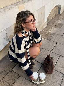 Fall/Winter One-Shoulder Striped Knit Dress, Casual Off-Shoulder Knitted Dress - Blue and White - View 9