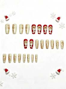 Christmas Medium-Long 24pcs Glossy White Santa Claus Pattern Fake Nails, Removable And Reusable Nail Stickers, Convenient For Travel, Parties, Events And Holidays - White - View 5