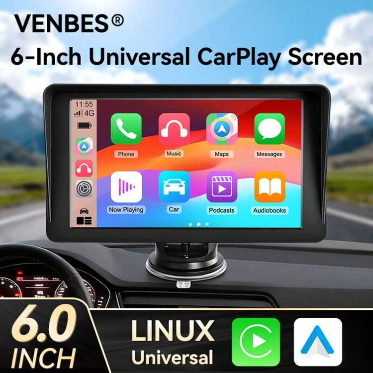 VENBES 6.1 Inch PND Portable Car Stereo, Wireless CarPlay & Wireless Android Auto Touch Screen Car Player With Bluetooth FM - Main Unit + 8‑LED Square Rear‑view Camera - View 1