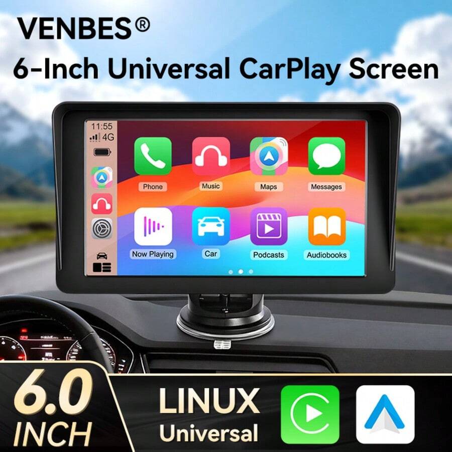 VENBES Đầu phát ô tô di động PND 6.1 inch, màn hình cảm ứng hỗ trợ CarPlay không dây & Android Auto không dây, Bluetooth FM
