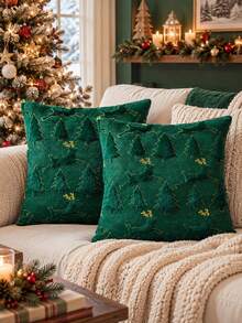 Christmas Embroidered Reindeer & Christmas Tree Pillowcase - 3D Plush Embroidery, Suitable For Sofa And Bed, Perfect For Daily Use, Party, Halloween, Thanksgiving, Christmas And Other Occasions - Green Reindeer Christmas Tree - View 2