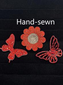 Set Of 3 Red Rhinestone Flower & Butterfly Fabric Patches, Hand-Sewn Shiny Crystal Appliques, DIY Decorative Accessories For Hats, Clothes, Dresses, Jeans - Red - View 3