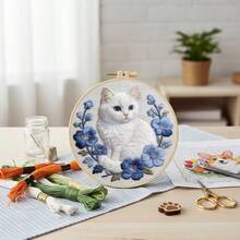 2D Flat Punch Needle Embroidery Kit For Beginners - Complete Embroidery Starter Set Including Tools And Instructions, DIY Punch Needle Embroidery Kit, Cute White Cat, Cute Cartoon Cat Embroidery Needle Beginner Handmade Kit Easy To Make Adult Holiday Gift And Decoration, Bamboo Frame Random Style - A - View 8