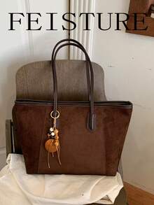 FEISTURE 1件大容量復古通勤單肩托特包，拉鍊開合，附吊飾，適合日常出行、約會、通勤 - 咖啡 - 查看 4
