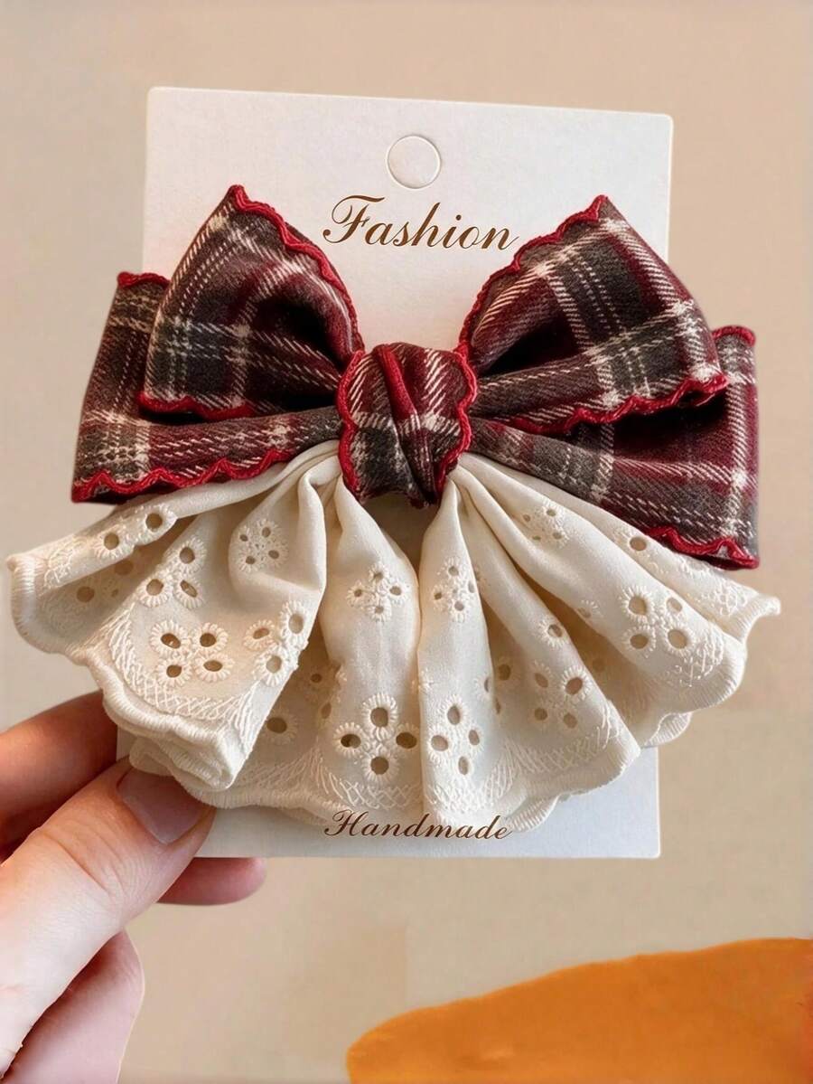 1件女童秋冬款柔軟可愛百搭英倫學院風雙色格紋蕾絲邊蝴蝶結半紮髮夾，適合搭配衣著、日常穿著、學校使用 - 酒紅色 - 查看 1
