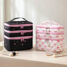 1pc Dual-Pattern 3-Layer Makeup Bag, Large Capacity Compartment Cosmetic Organizer, Multi-Layer Independent Dividers For Easy Access, Can Store Makeup, Skincare, Toiletries, Desktop Organizer And Storage Dual-Use, Portable Handheld Design, Travel Essential - Multicolor - View 3