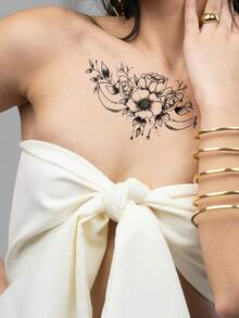 1pc Black Minimalist Fashion Floral Branch & Leaf Pattern Temporary Tattoo Sticker, Waterproof Body Skin Tattoo For Party Gift, DIY Holiday Gift, Music Festival, Shoulder, Neck, Collarbone, Back - Black - View 6