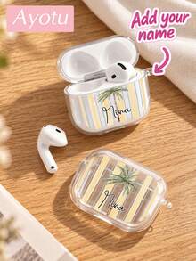 Personalized Striped Coconut Tree Custom Name Earphone Case, Custom Name Transparent Soft TPU Wireless Earphone Protective Cover Compatible With AirPods 3/4/5/Pro/Pro2/Pro3, Transparent Design, Snug Fit, Tropical Bohemian, Modern Style, Ideal Gift For Classmates, Friends, Sisters, Best Friends, Colleagues, Mothers - Multicolor - View 4