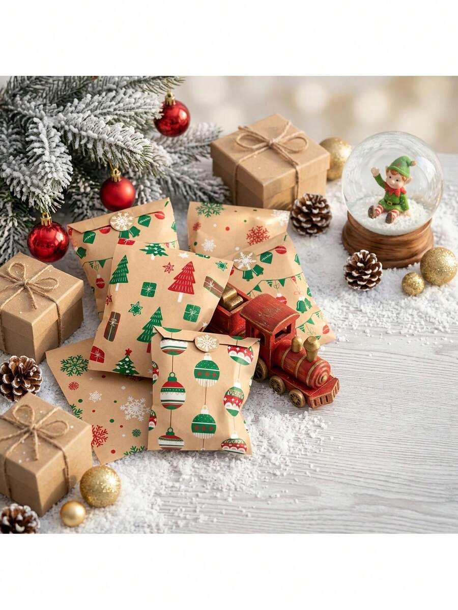 24Pcs Christmas Kraft Paper Gift Bags With Snowflake Stickers, 4 Designs Xmas Tree Snowflake Santa Holly Pattern Treat Bags, Holiday Goodie Candy Bags For Christmas Party Favor Gift Wrapping Supplies - Multicolor - View 1