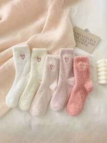 1/5/10 Pairs Thick Warm Winter Women's Pink Heart Pattern Socks - Multicolor - View 6