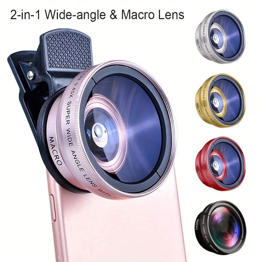 2-In-1 HD Phone Lens Kit - Wide Angle & Macro, Lightweight Design With Portable Bag, Convenient For Shooting Anytime Anywhere, 0.45x Ultra Wide Angle & Macro Lens Set, Optical Zoom Function, Universal Clip Compatible With Smartphones, HD Wide Angle Lens, Phone Camera Lens 2-In-1 Clip-On Lens Kit, 37mm 0.45x 49UV Ultra Wide Angle & Macro Phone Camera Lens, Suitable For Smartphones