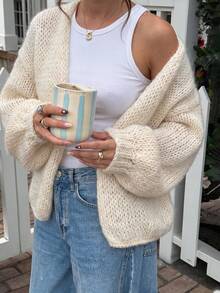 GLAMMY Minimalist Slouchy Chunky Knit Hollow Out Spring/Autumn French Relaxed V-Neck Lantern Sleeve Chunky Knit Hollow Out Design Daily Street Commute Versatile Slouchy Outerwear Solid Color Ribbed Home - Beige - View 2