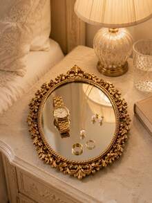 Vintage Gold Oval Mirror Jewelry Tray, Baroque Carved Vanity Storage Dish, Suitable For Rings, Earrings, Necklaces And Bracelets Storage, Vanity And Bathroom Countertop Decor - Multicolor - View 11
