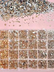 24 Grid Box Flat Back Rhinestones, Champagne Gold Multi-Size Crystal Nail Gems, Sparkling DIY Nail Art Decorations For Nail Salon & Home Manicure - Multicolor - View 5