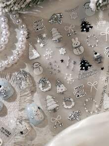 1pc Full Coverage 5D Embossed Metallic Nail Sticker, Christmas Snowman Rabbit Tree Wreath Bow Pattern, Glossy 3D Textured Nail Art Decor, Suitable For Christmas Party DIY Nail Art - Multicolor - View 1