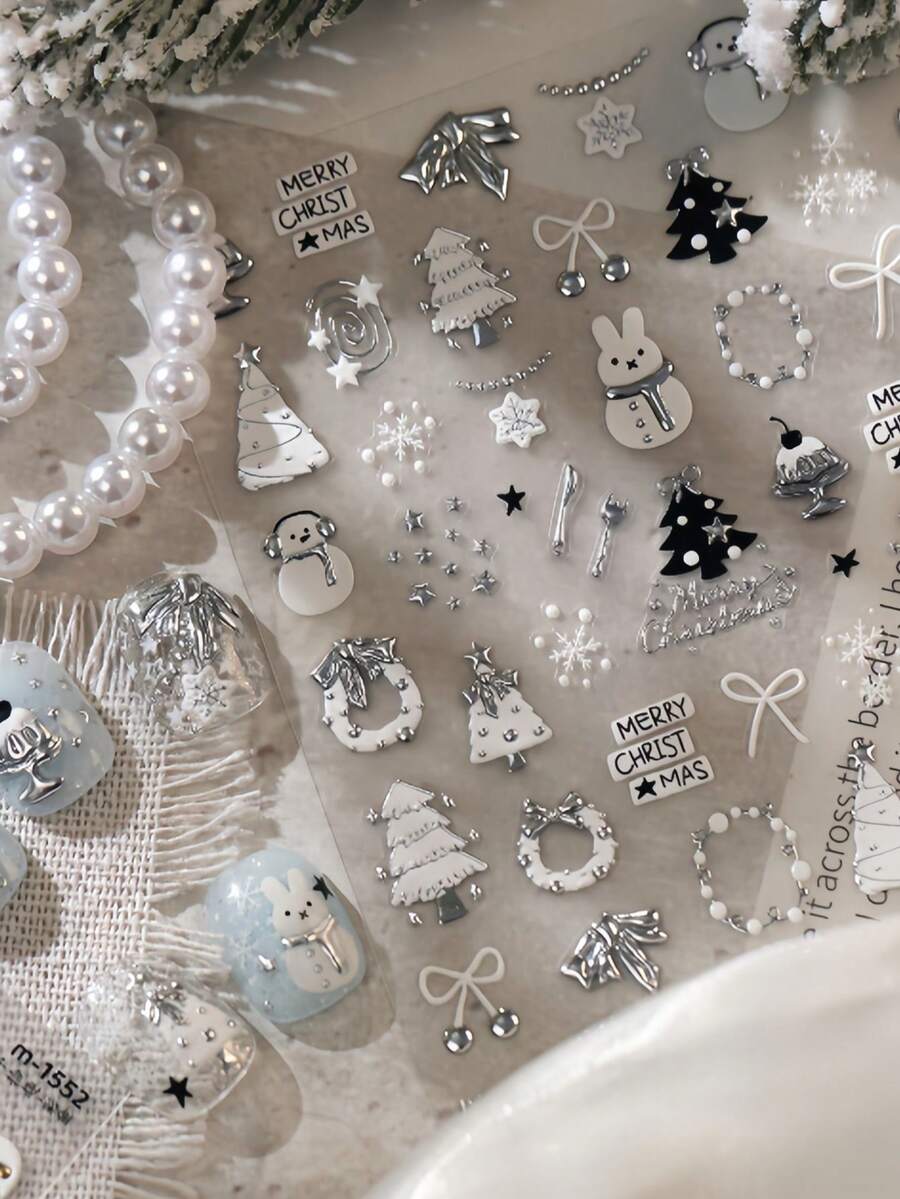 1pc Full Coverage 5D Embossed Metallic Nail Sticker, Christmas Snowman Rabbit Tree Wreath Bow Pattern, Glossy 3D Textured Nail Art Decor, Suitable For Christmas Party DIY Nail Art - Multicolor - View 1