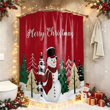 1pc Christmas Tree & Snowman Pattern Shower Curtain, Vintage Design, Waterproof, Suitable For Bathtub Partition, Bathroom Decor & Accessories, Christmas Decoration, Home Decor Gift, Includes 12 Hooks - Multicolor - View 6