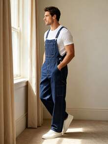 Men's Dark Blue Denim Overalls, Non-Stretch Straight Leg Cargo Pants With Chest Pocket, Multiple Utility Pockets And Adjustable Shoulder Straps - Navy Blue - View 5