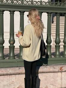 Women's Autumn/Winter Textured Wool-Like Comfortable Warm Funnel Neck Jacket, Long Sleeve Regular Fit Woven Patchwork Contrast Outerwear, Casual Minimalist Daily Wear - Apricot - View 5