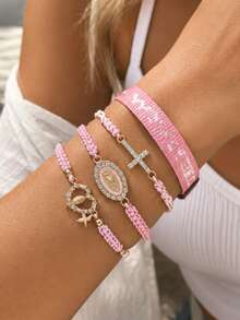 4pcs Faith Pink Braided Bracelet Set, With Cross And PendantBraided Cord Faith Jewelry Gift, Women's Daily/Party/Holiday - Bracelet Set - View 4