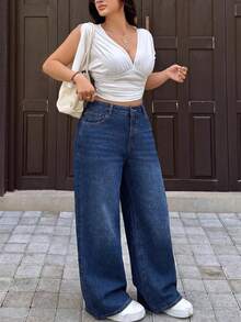 Plus Size Dark Wash High Waist Straight Leg Jeans Fall Winter Vintage Y2K Washed Denim Pants - Blue - View 3