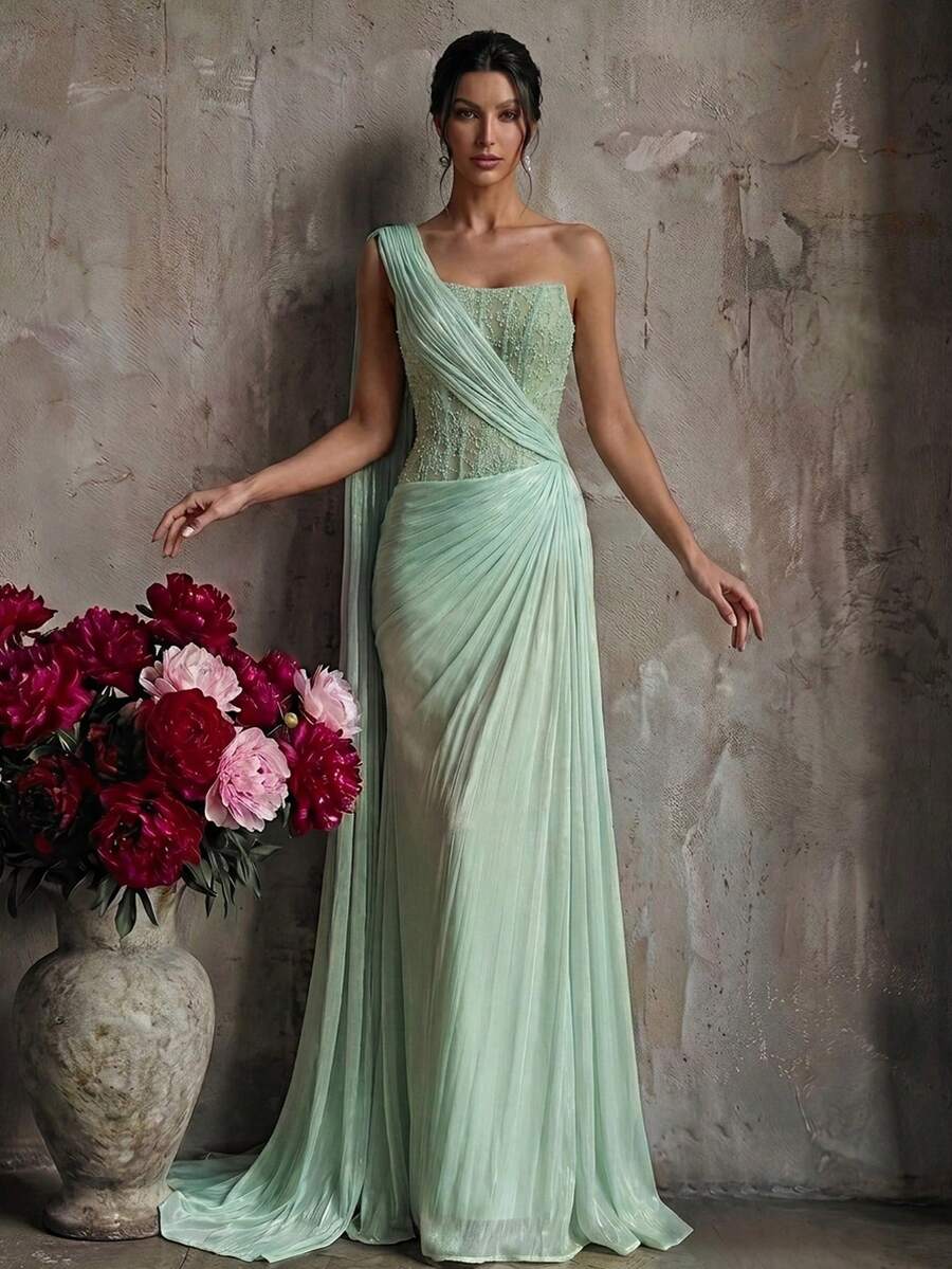 Smilprince Women's Light Blue Luxury One-Shoulder Beaded Chiffon Ruffle Hem Flowing Formal Evening Gown, Spring/Summer Wedding Guest Special Occasion Outfit - Baby Blue - View 1