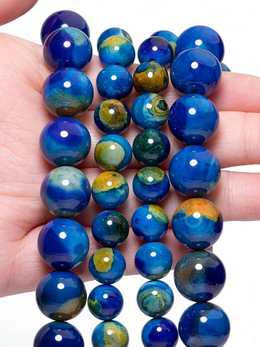 1 Strand 10mm Hand-Painted Blue & Yellow Agate Round Beads, Loose Beads For Jewelry Making DIY, Exquisite Bracelet Necklace Earring Accessories - Multicolor - View 1