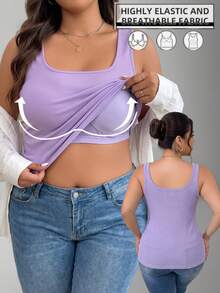 Plus Size Built In Bra Cami Women Ribbed Tank Top Scoop Neck Everyday Base Layer Solid Color Seamless Innerwear - Lilac Purple - View 1