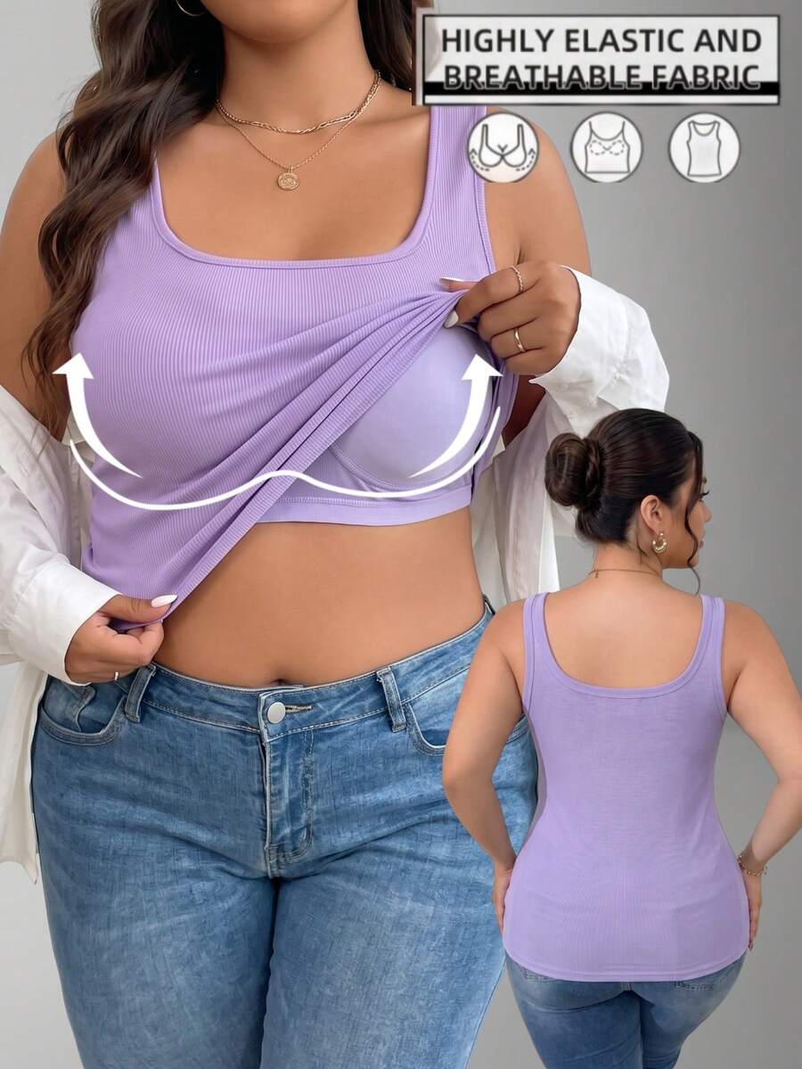 Plus Size Built In Bra Cami Women Ribbed Tank Top Scoop Neck Everyday Base Layer Solid Color Seamless Innerwear - Lilac Purple - View 1