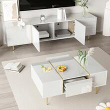 Modern High-Gloss White TV Cabinet And Coffee Table Set - White + MDF + 40-49 Inches - View 5