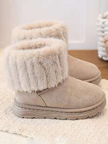 1 Pair Vintage Girls' Snow Boots, Faux Fur Trim, Winter Thermal Lined Ankle Boots - Light Grey - View 2