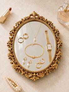 Vintage Gold Oval Mirror Jewelry Tray, Baroque Carved Vanity Storage Dish, Suitable For Rings, Earrings, Necklaces And Bracelets Storage, Vanity And Bathroom Countertop Decor - Multicolor - View 7