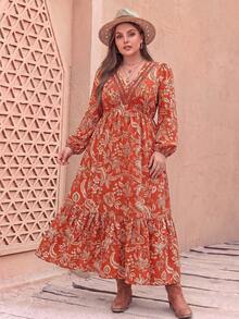 Bohemian Style Plus Size Women's Floral V-Neck Elegant Dress - Red - View 4