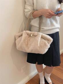 女款手提籃包 時尚抽繩扣環設計 極簡優雅復古斜挎包 PU磨砂咖啡色 秋冬款 - 卡其色 - 查看 3