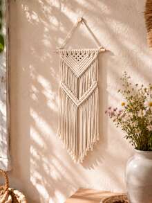 1pc Small Tassel Woven Wall Hanging, Bohemian Style Wall Art Decor, Minimalist Wall Ornament, Suitable For Bedroom, Living Room, Apartment, Nursery, Entryway, Farmhouse Style Bohemian Home Decor, Handmade Knotted Wall Hanging, Indoor Wall Aesthetic Decoration - Beige - View 1