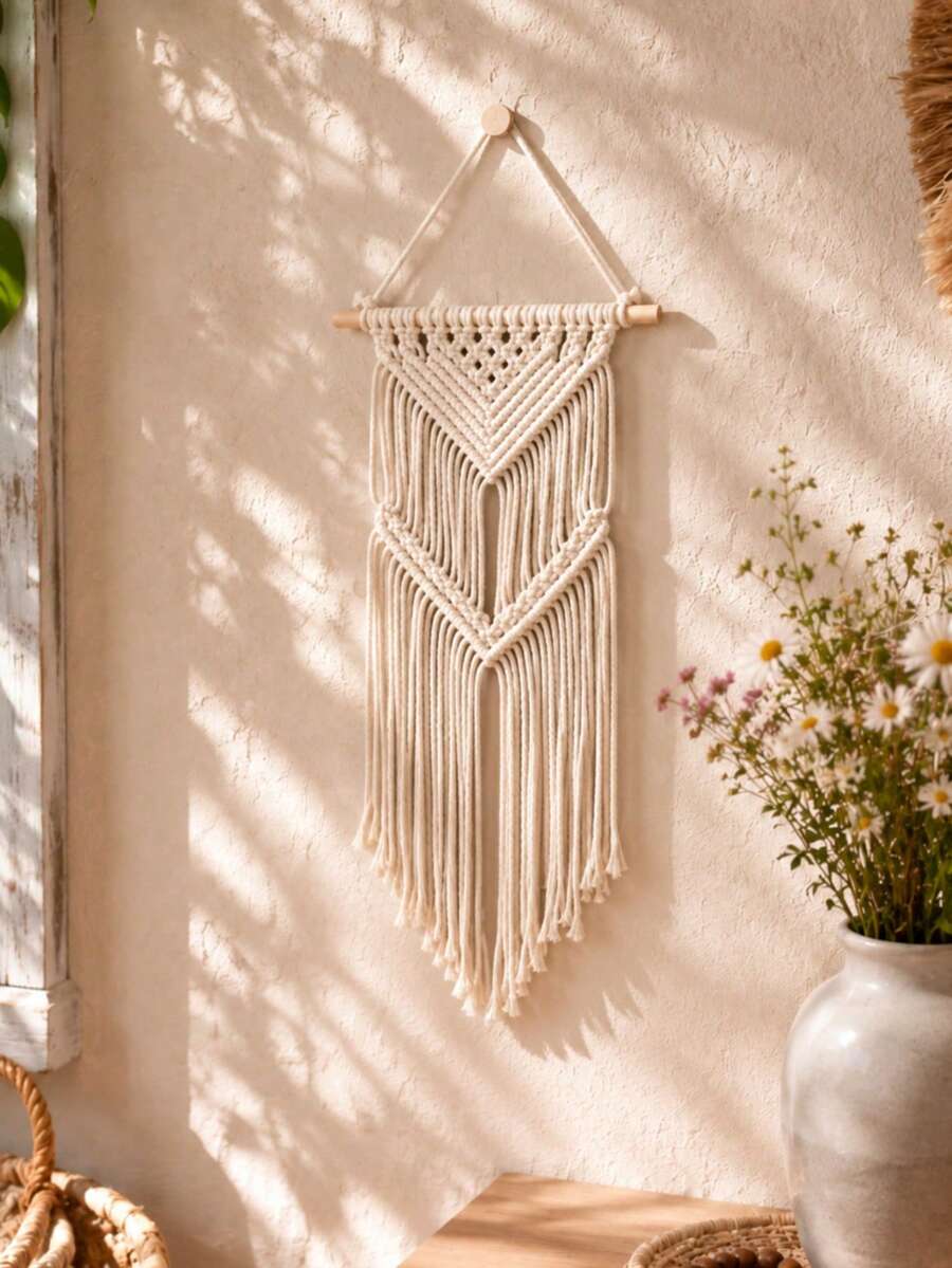 1pc Small Tassel Woven Wall Hanging, Bohemian Style Wall Art Decor, Minimalist Wall Ornament, Suitable For Bedroom, Living Room, Apartment, Nursery, Entryway, Farmhouse Style Bohemian Home Decor, Handmade Knotted Wall Hanging, Indoor Wall Aesthetic Decoration - Beige - View 1