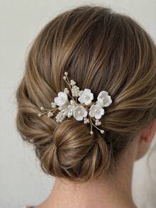 Gentle Style Ceramic Flower & Pearl Hair Pin, Bridal Wedding Dress Updo Hair Accessory, Daily Atmospheric Hair Comb - Gold - View 2